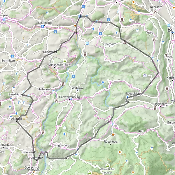 Miniatura della mappa di ispirazione al ciclismo "Tour delle colline di Espace Mittelland" nella regione di Espace Mittelland, Switzerland. Generata da Tarmacs.app, pianificatore di rotte ciclistiche