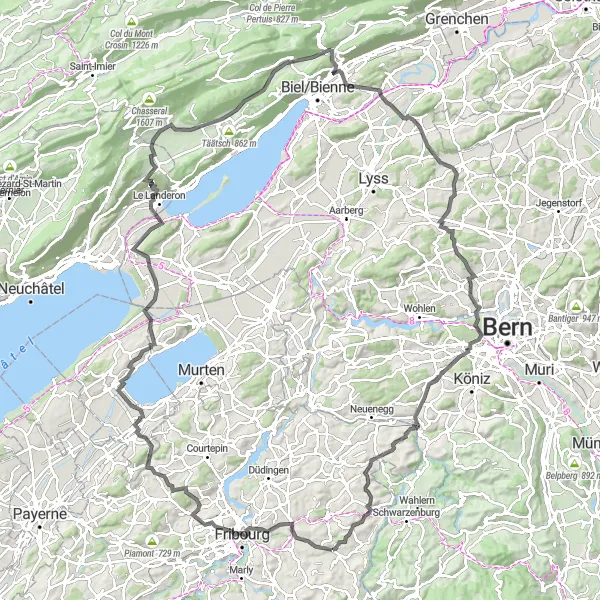 Kartminiatyr av "Alterswil Loop via Clock Tower Belvedère" sykkelinspirasjon i Espace Mittelland, Switzerland. Generert av Tarmacs.app sykkelrutoplanlegger