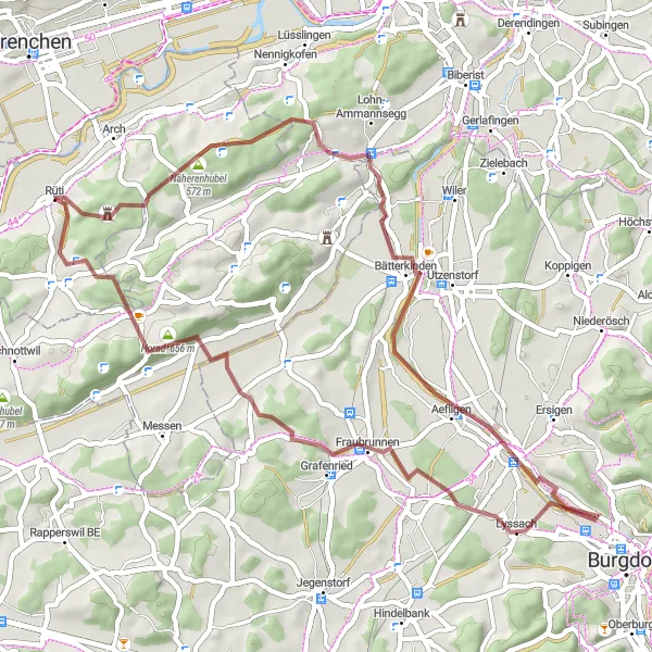 Miniatura della mappa di ispirazione al ciclismo "Tour in bicicletta attraverso Lärchenberg e Hubel" nella regione di Espace Mittelland, Switzerland. Generata da Tarmacs.app, pianificatore di rotte ciclistiche