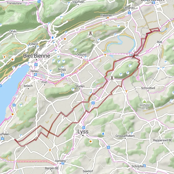 Map miniature of "Hidden Gems" cycling inspiration in Espace Mittelland, Switzerland. Generated by Tarmacs.app cycling route planner