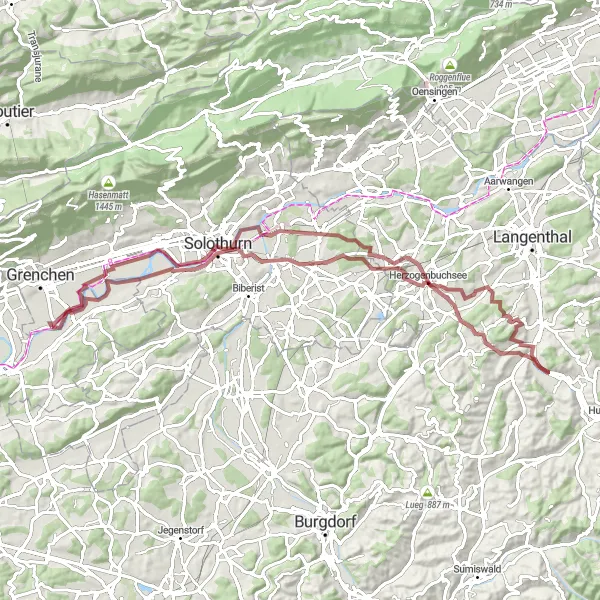 Miniatua del mapa de inspiración ciclista "Ruta de Ciclismo en Grava alrededor de Arch" en Espace Mittelland, Switzerland. Generado por Tarmacs.app planificador de rutas ciclistas