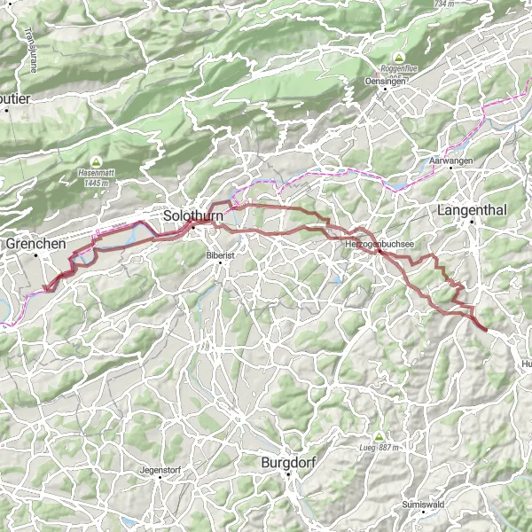 Karttaminiaatyyri "Gravel Seikkailureitti Espace Mittellandin läheltä" pyöräilyinspiraatiosta alueella Espace Mittelland, Switzerland. Luotu Tarmacs.app pyöräilyreittisuunnittelijalla