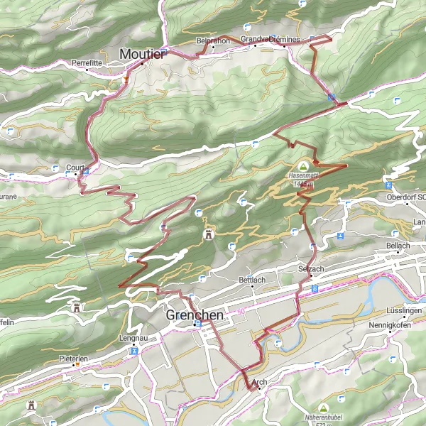 Miniatua del mapa de inspiración ciclista "Ruta de ciclismo de grava Grenchen - Egg - Mont Girod - Moutier - Grandval - Hasenmatt - Altreu" en Espace Mittelland, Switzerland. Generado por Tarmacs.app planificador de rutas ciclistas