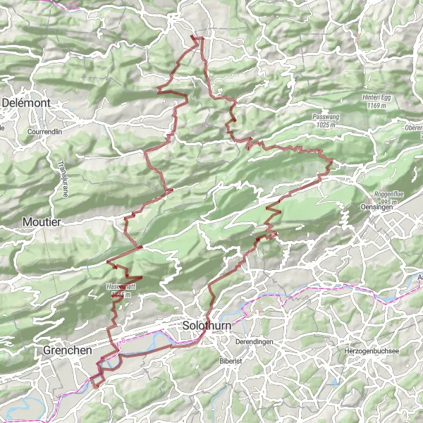 Miniatua del mapa de inspiración ciclista "Desafío de Ciclismo en Grava por Espace Mittelland" en Espace Mittelland, Switzerland. Generado por Tarmacs.app planificador de rutas ciclistas