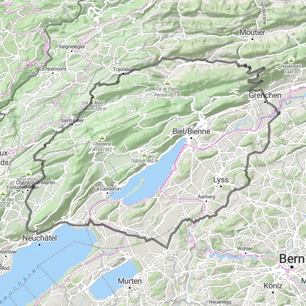 Miniatua del mapa de inspiración ciclista "Ruta en Carretera por Neuchâtel y Grenchen" en Espace Mittelland, Switzerland. Generado por Tarmacs.app planificador de rutas ciclistas