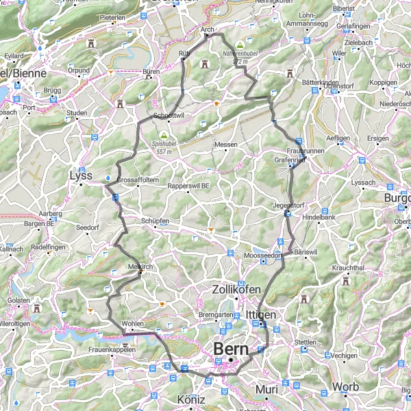 Map miniature of "Cycling Route from Arch to Rüti" cycling inspiration in Espace Mittelland, Switzerland. Generated by Tarmacs.app cycling route planner