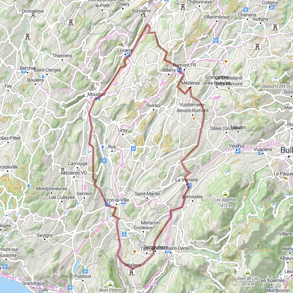 Karten-Miniaturansicht der Radinspiration "Gravel-Abenteuer durch Moudon und Romont FR" in Espace Mittelland, Switzerland. Erstellt vom Tarmacs.app-Routenplaner für Radtouren