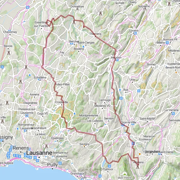 Miniature de la carte de l'inspiration cycliste "Aventure Gravel autour de Bossonnens" dans la Espace Mittelland, Switzerland. Générée par le planificateur d'itinéraire cycliste Tarmacs.app