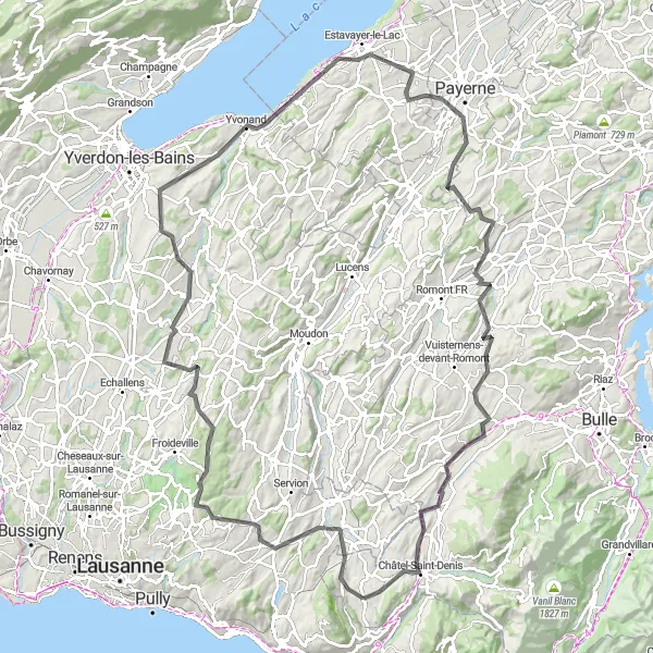 Zemljevid v pomanjšavi "Čudovita krožna pot prek Châbles in Cugy" kolesarske inspiracije v Espace Mittelland, Switzerland. Generirano z načrtovalcem kolesarskih poti Tarmacs.app