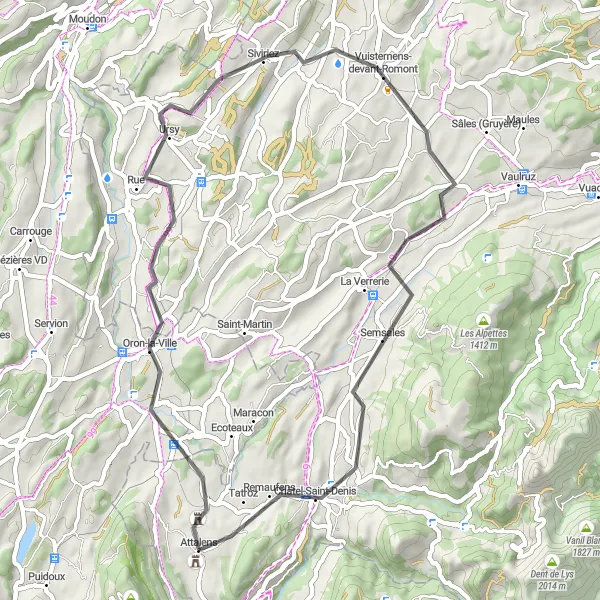 Miniatuurkaart van de fietsinspiratie "Route van Attalens naar Châtel-Saint-Denis" in Espace Mittelland, Switzerland. Gemaakt door de Tarmacs.app fietsrouteplanner