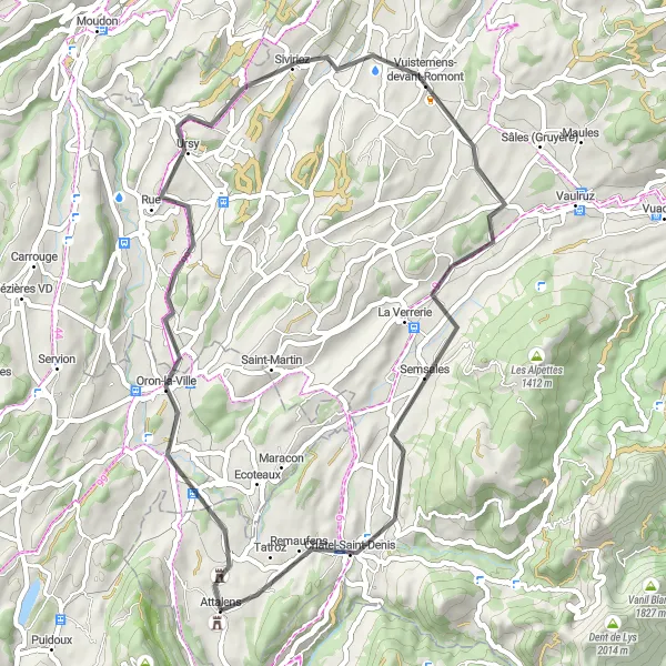 Miniature de la carte de l'inspiration cycliste "La Boucle de la Glâne" dans la Espace Mittelland, Switzerland. Générée par le planificateur d'itinéraire cycliste Tarmacs.app