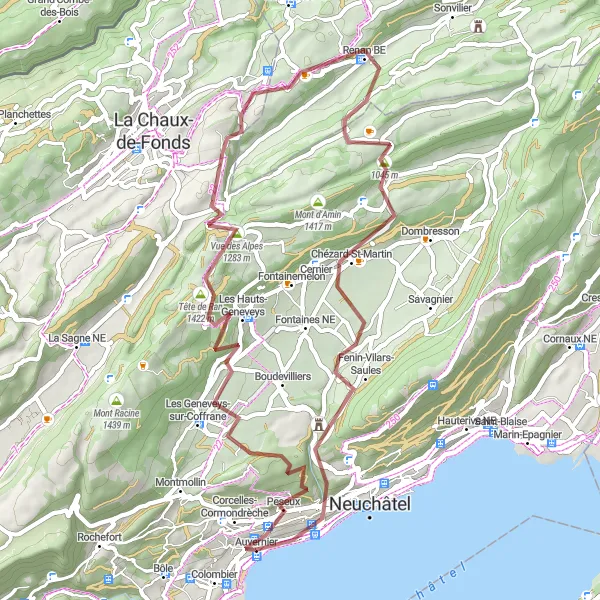 Karttaminiaatyyri "Hiekkatiepyöräilyreitti Peseux'sta" pyöräilyinspiraatiosta alueella Espace Mittelland, Switzerland. Luotu Tarmacs.app pyöräilyreittisuunnittelijalla