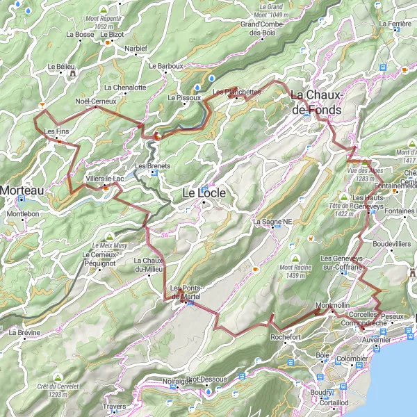 Zemljevid v pomanjšavi "Gravel pustolovščina do Les Geneveys-sur-Coffrane" kolesarske inspiracije v Espace Mittelland, Switzerland. Generirano z načrtovalcem kolesarskih poti Tarmacs.app