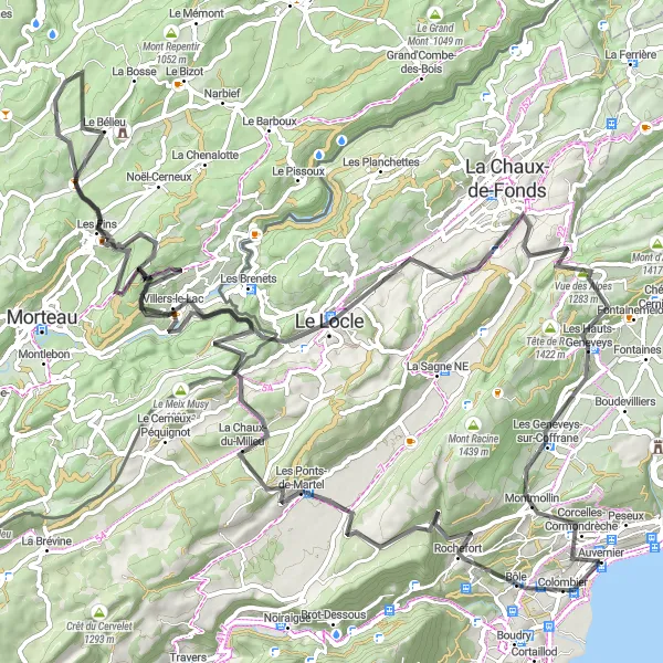 Map miniature of "Ultimate Alpine Challenge in Neuchâtel" cycling inspiration in Espace Mittelland, Switzerland. Generated by Tarmacs.app cycling route planner