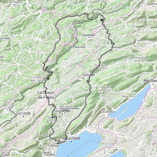 Miniatuurkaart van de fietsinspiratie "Uitdagende roadcyclingroute van Corcelles-Cormondrèche naar Auvernier via Tête de Ran" in Espace Mittelland, Switzerland. Gemaakt door de Tarmacs.app fietsrouteplanner
