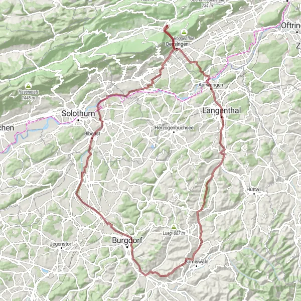 Map miniature of "Valley Explorer" cycling inspiration in Espace Mittelland, Switzerland. Generated by Tarmacs.app cycling route planner