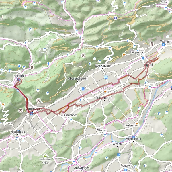 Miniatua del mapa de inspiración ciclista "Ruta de ciclismo de grava por Espace Mittelland" en Espace Mittelland, Switzerland. Generado por Tarmacs.app planificador de rutas ciclistas