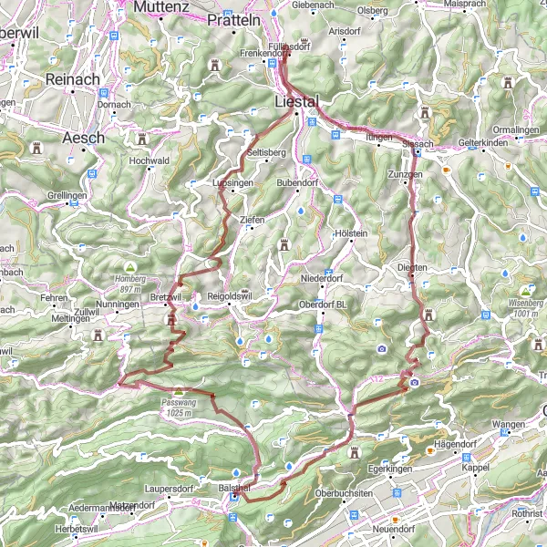 Miniatura della mappa di ispirazione al ciclismo "Giro in bici gravel da Balsthal a Roggenflue" nella regione di Espace Mittelland, Switzerland. Generata da Tarmacs.app, pianificatore di rotte ciclistiche