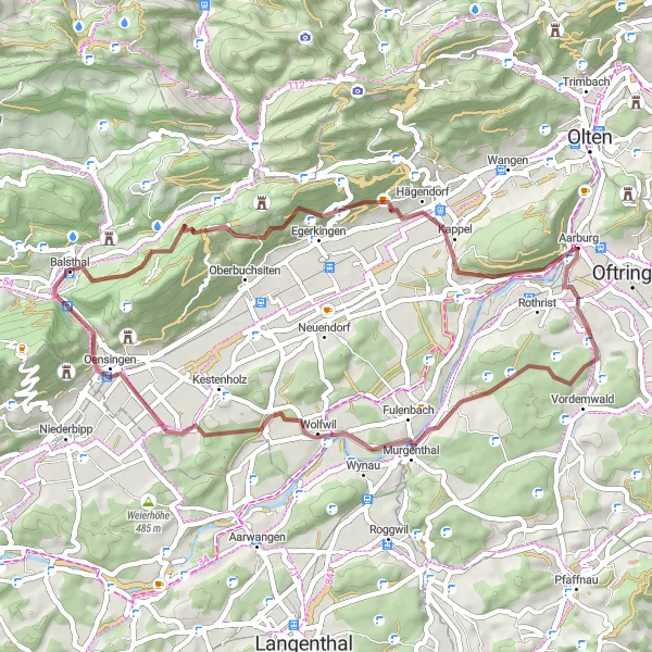 Mapa miniatúra "Gravelová dobrodružná cesta" cyklistická inšpirácia v Espace Mittelland, Switzerland. Vygenerované cyklistickým plánovačom trás Tarmacs.app