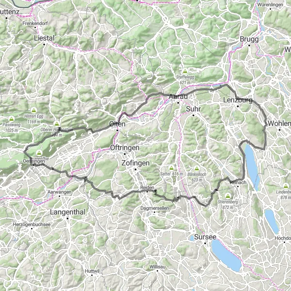 Miniaturní mapa "Road cesta do okolí Balsthalského jezera" inspirace pro cyklisty v oblasti Espace Mittelland, Switzerland. Vytvořeno pomocí plánovače tras Tarmacs.app