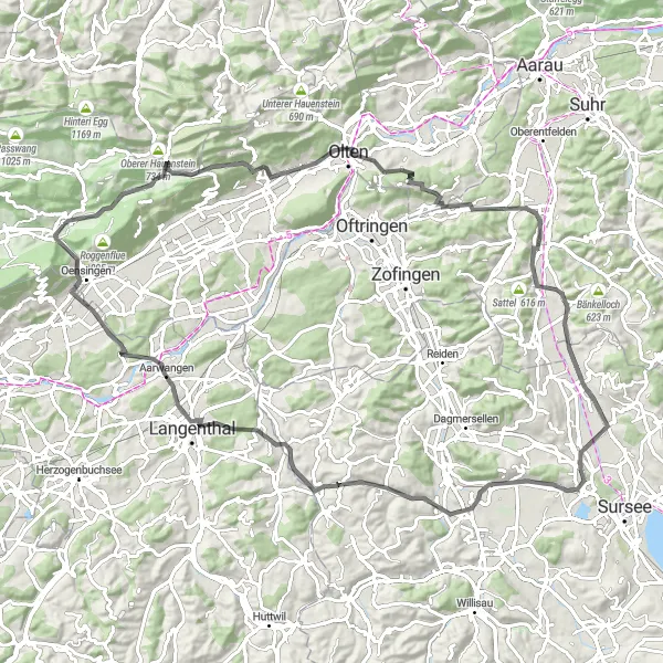 Miniaturní mapa "Okruh od Balsthal: Santelhöchi a Aarwangen" inspirace pro cyklisty v oblasti Espace Mittelland, Switzerland. Vytvořeno pomocí plánovače tras Tarmacs.app