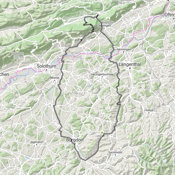 Miniatua del mapa de inspiración ciclista "Ruta en Carretera Lehnflue-Derendingen-Laupersdorf" en Espace Mittelland, Switzerland. Generado por Tarmacs.app planificador de rutas ciclistas