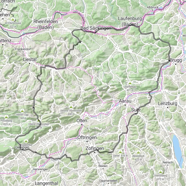 Karttaminiaatyyri "Pitkä kierros upeiden maisemien läpi" pyöräilyinspiraatiosta alueella Espace Mittelland, Switzerland. Luotu Tarmacs.app pyöräilyreittisuunnittelijalla