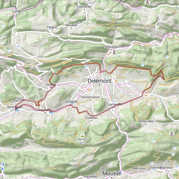 Zemljevid v pomanjšavi "Gravel Develier Courfaivre obvoz" kolesarske inspiracije v Espace Mittelland, Switzerland. Generirano z načrtovalcem kolesarskih poti Tarmacs.app