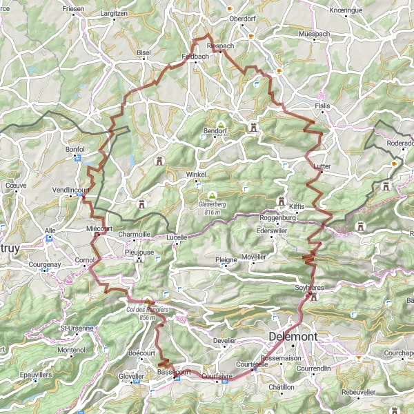 Miniatuurkaart van de fietsinspiratie "Uitdagende gravelroute naar Miécourt en Courtételle" in Espace Mittelland, Switzerland. Gemaakt door de Tarmacs.app fietsrouteplanner