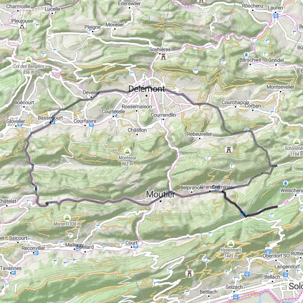 Map miniature of "Discover Delémont and the Surrounding Countryside" cycling inspiration in Espace Mittelland, Switzerland. Generated by Tarmacs.app cycling route planner