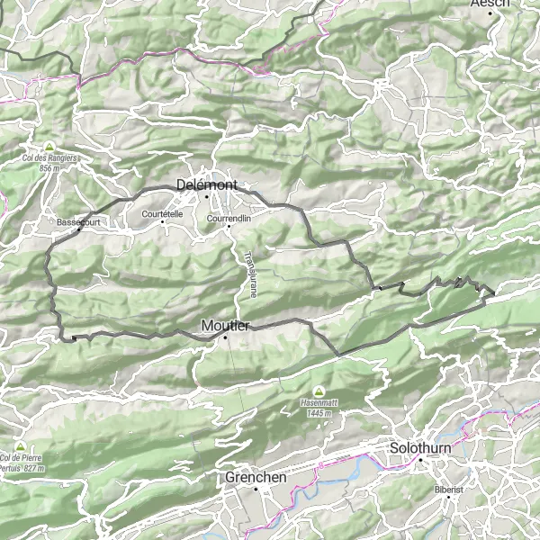 Miniatura della mappa di ispirazione al ciclismo "Giro in bicicletta della strada di Bassecourt" nella regione di Espace Mittelland, Switzerland. Generata da Tarmacs.app, pianificatore di rotte ciclistiche