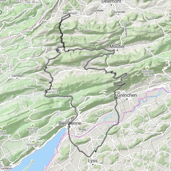 Kartminiatyr av "Oppdag den maleriske veien fra Bassecourt" sykkelinspirasjon i Espace Mittelland, Switzerland. Generert av Tarmacs.app sykkelrutoplanlegger