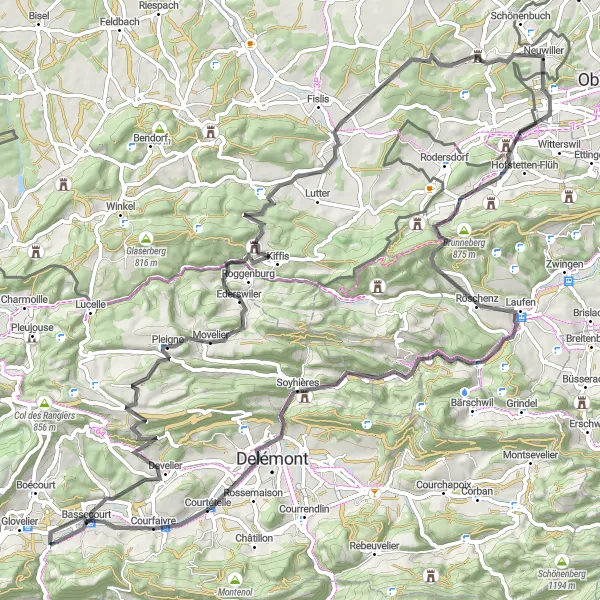 Miniatua del mapa de inspiración ciclista "Ruta de Mariastein y Courfaivre" en Espace Mittelland, Switzerland. Generado por Tarmacs.app planificador de rutas ciclistas