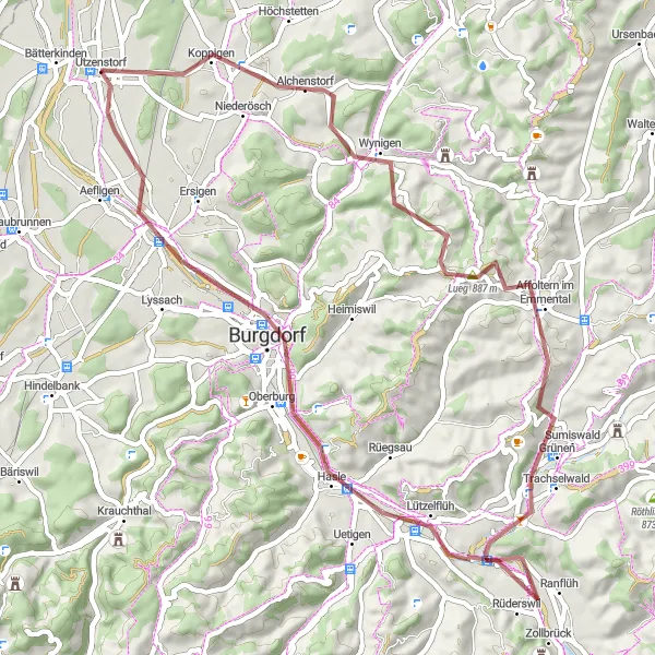 Mapa miniatúra "Gravel Kolo Trasa z Bätterkinden" cyklistická inšpirácia v Espace Mittelland, Switzerland. Vygenerované cyklistickým plánovačom trás Tarmacs.app