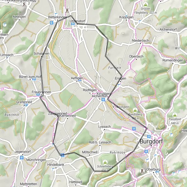 Zemljevid v pomanjšavi "Pot do Hindelbanka" kolesarske inspiracije v Espace Mittelland, Switzerland. Generirano z načrtovalcem kolesarskih poti Tarmacs.app