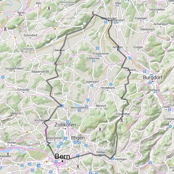 Miniatura mapy "Trasa szosowa przez Aefligen i Bremgarten z powrotem do Bätterkinden" - trasy rowerowej w Espace Mittelland, Switzerland. Wygenerowane przez planer tras rowerowych Tarmacs.app