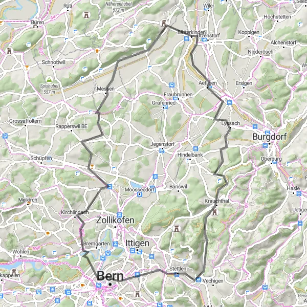 Miniatura della mappa di ispirazione al ciclismo "Giro in bici tra natura e tradizione svizzera" nella regione di Espace Mittelland, Switzerland. Generata da Tarmacs.app, pianificatore di rotte ciclistiche