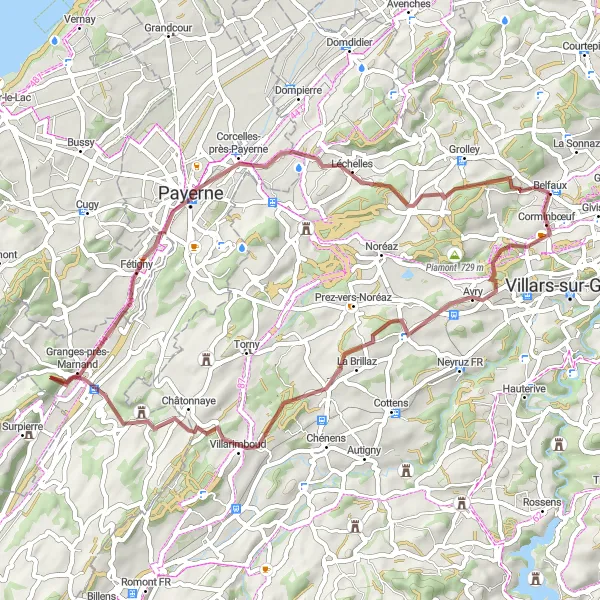 Kartminiatyr av "Utforsk Belfaux, Lovens, Marnand, Fétigny, Léchelles og Grolley på denne 52 km lange grusveien ruten" sykkelinspirasjon i Espace Mittelland, Switzerland. Generert av Tarmacs.app sykkelrutoplanlegger