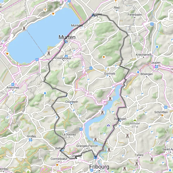 Kartminiatyr av "Belfaux til Möösliturm og tilbake" sykkelinspirasjon i Espace Mittelland, Switzerland. Generert av Tarmacs.app sykkelrutoplanlegger