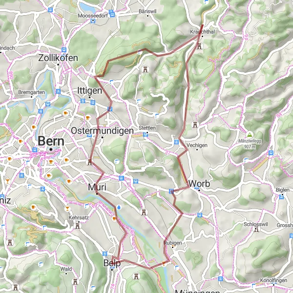 Mapa miniatúra "Gravel okruh cez Muri a Worb" cyklistická inšpirácia v Espace Mittelland, Switzerland. Vygenerované cyklistickým plánovačom trás Tarmacs.app