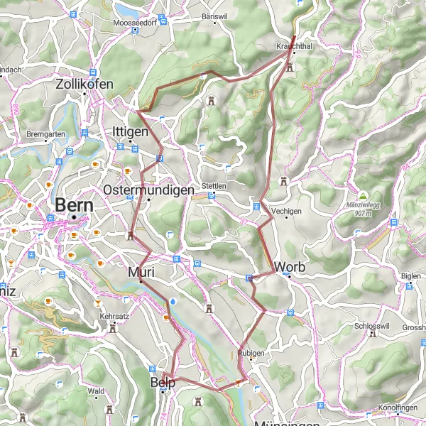 Map miniature of "Muri and More" cycling inspiration in Espace Mittelland, Switzerland. Generated by Tarmacs.app cycling route planner