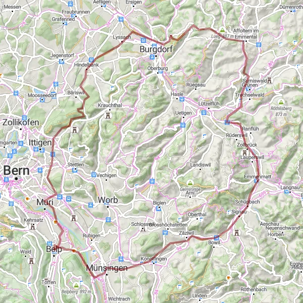 Kartminiatyr av "Grusvägar runt Belp" cykelinspiration i Espace Mittelland, Switzerland. Genererad av Tarmacs.app cykelruttplanerare