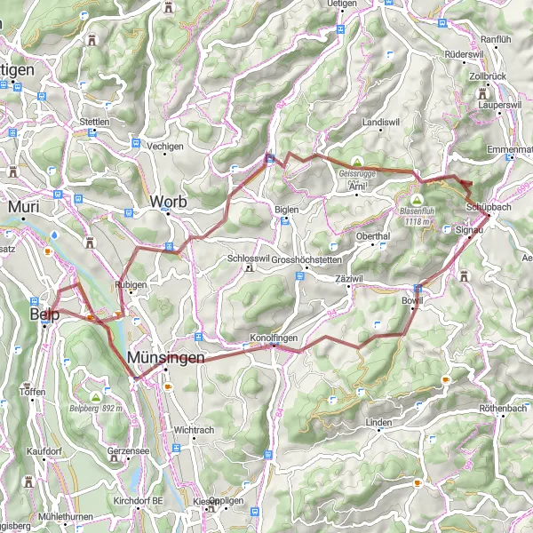 Miniatua del mapa de inspiración ciclista "Ruta de Aventura en Bicicleta por los alrededores de Belp" en Espace Mittelland, Switzerland. Generado por Tarmacs.app planificador de rutas ciclistas