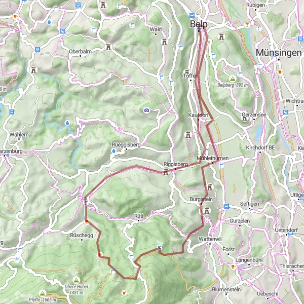 Miniatura della mappa di ispirazione al ciclismo "Esplorazione dei Paesaggi Rurali nei Dintorni di Belp" nella regione di Espace Mittelland, Switzerland. Generata da Tarmacs.app, pianificatore di rotte ciclistiche