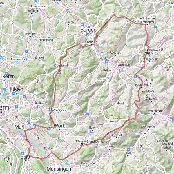 Zemljevid v pomanjšavi "Potovanje skozi Krauchthal do Rüderswila" kolesarske inspiracije v Espace Mittelland, Switzerland. Generirano z načrtovalcem kolesarskih poti Tarmacs.app