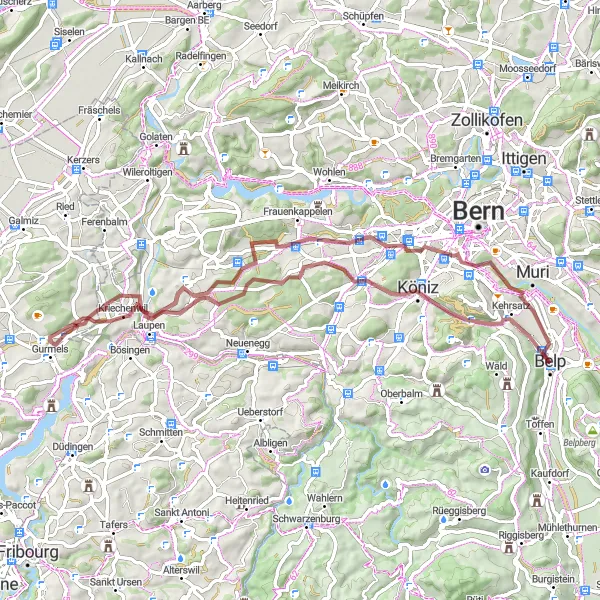 Miniaturní mapa "Gravel Okružní cesta kolem Belp" inspirace pro cyklisty v oblasti Espace Mittelland, Switzerland. Vytvořeno pomocí plánovače tras Tarmacs.app