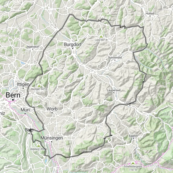 Miniaturní mapa "Významná cyklistická stezka kolem Belpu" inspirace pro cyklisty v oblasti Espace Mittelland, Switzerland. Vytvořeno pomocí plánovače tras Tarmacs.app