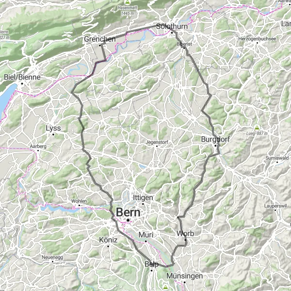 Miniatura della mappa di ispirazione al ciclismo "Avventura in bicicletta tra Kehrsatz e Oberburg" nella regione di Espace Mittelland, Switzerland. Generata da Tarmacs.app, pianificatore di rotte ciclistiche