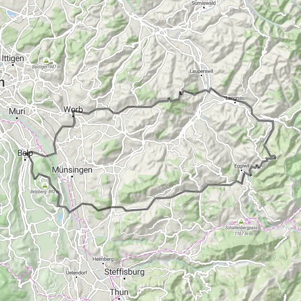 Mapa miniatúra "Náročná cesta okolo Worb a Belp" cyklistická inšpirácia v Espace Mittelland, Switzerland. Vygenerované cyklistickým plánovačom trás Tarmacs.app