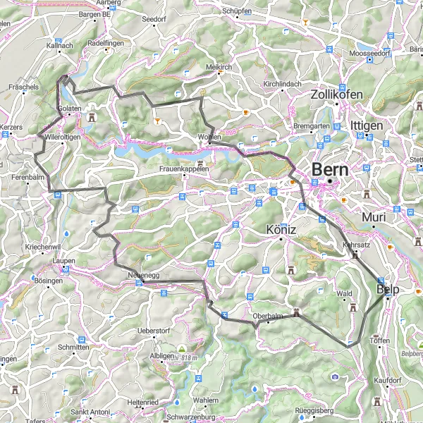 Kartminiatyr av "Belp til Oberbalm Loop" sykkelinspirasjon i Espace Mittelland, Switzerland. Generert av Tarmacs.app sykkelrutoplanlegger